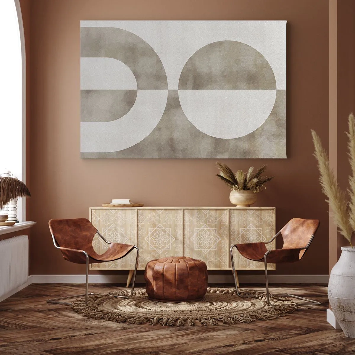 Lærredstryk - Billede på lærred - Et abstrakt maleri i beige nuancer med geometriske former og symmetri. - 70x50cm - Ligheder og forskelle - Moderne vægdekoration til stue og soveværelse ARTTOR