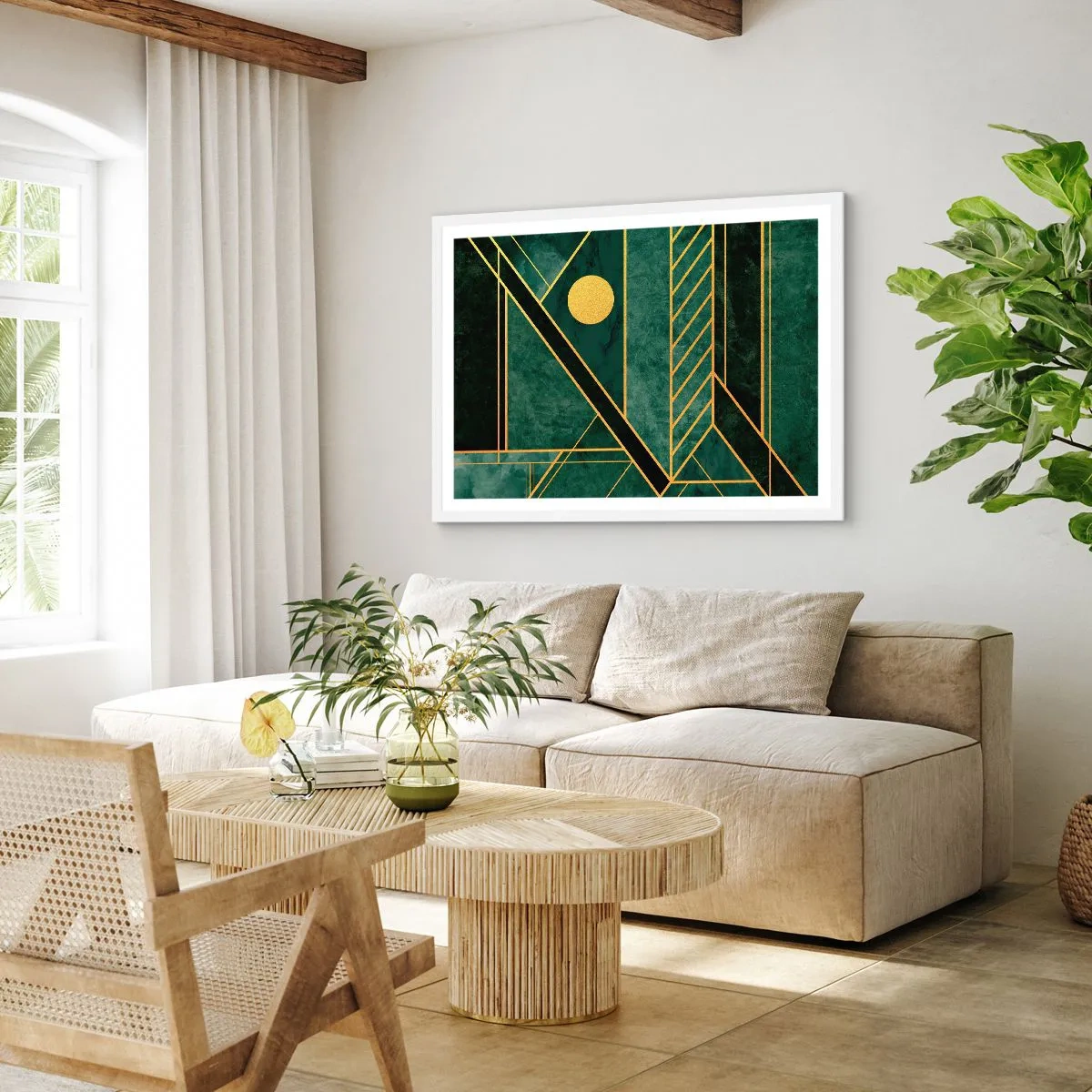 Plakat i hvid ramme - Dynamikken i guld og azurblå - 70x50 cm