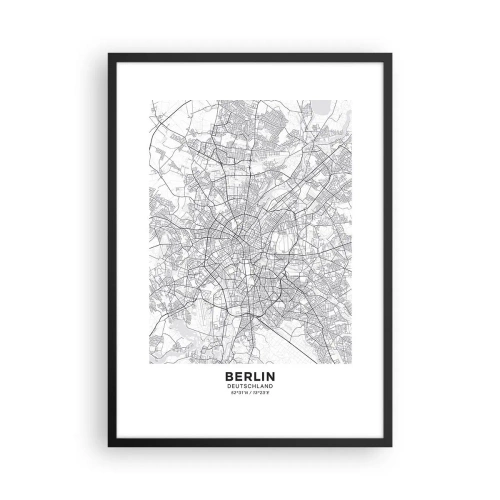 Plakat i sort ramme - Et sort-hvidt kort over Berlin med præcist kortlagte gader. - 50x70cm - Berlins blomst - Moderne vægdekoration til stue og soveværelse ARTTOR