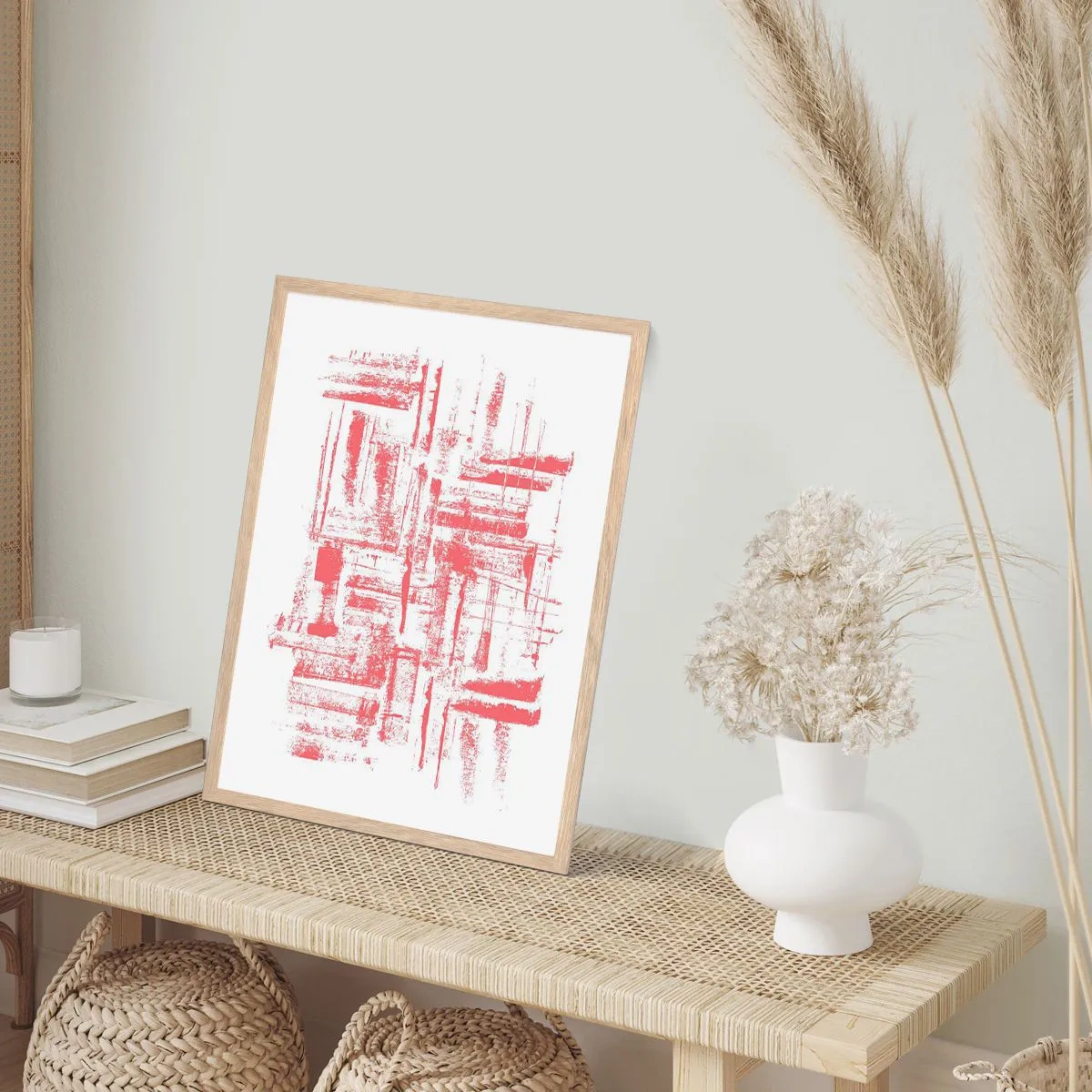 Plakat i ramme af lyst egetræ - Rød by - 40x50 cm