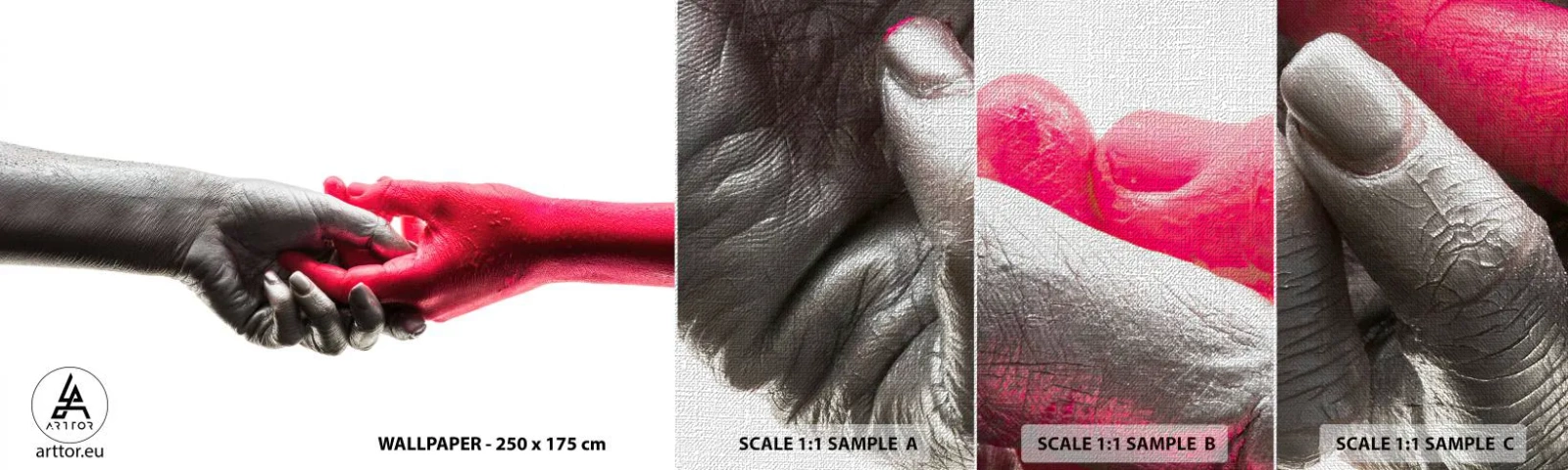 Prøve Fototapet Premium Canvas - Sammen, om end forskellige - Menneskehænder, Hånd, Abstraktion - 100x30 cm