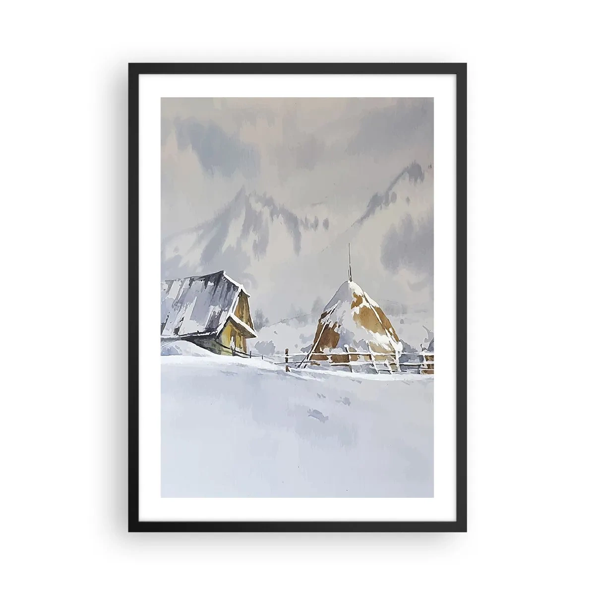 Plakat i sort ramme - Vinterlandskab med et sommerhus og en høstak i bjergene - 50x70cm - I en sneklædt dal - Moderne vægdekoration til stue og soveværelse ARTTOR