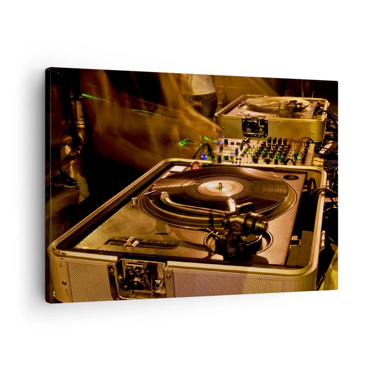 Lærredstryk - Billede på lærred - DJ-udstyr med pladespiller og mixer under en fest - 70x50cm - Kan du mærke kraften? - Moderne vægdekoration til stue og soveværelse ARTTOR