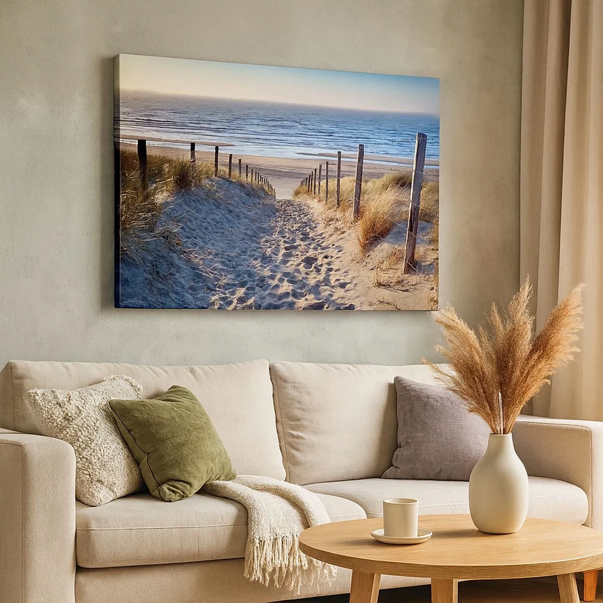 Lærredstryk - Billede på lærred - Sti gennem klitterne, der fører til stranden - 70x50cm - Havet brummer, fuglene synger, en vild strand midt i græsset.... - Moderne vægdekoration til stue og soveværelse ARTTOR