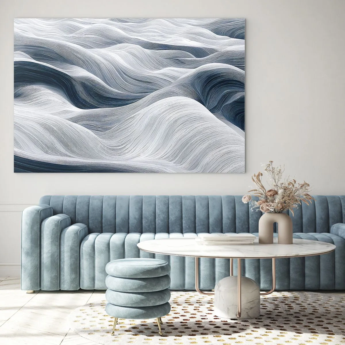 Billede på glas - Abstrakte bølger i nuancer af hvid og blå skaber en bevægelseseffekt - 70x50cm - Hvide og blå bølger - Moderne vægdekoration til stue og soveværelse ARTTOR