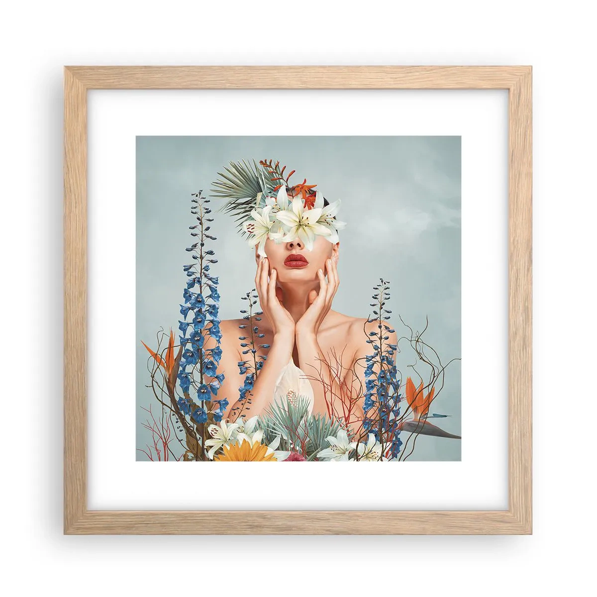 Plakat i ramme af lyst egetræ - Kvinde blomst - 30x30 cm