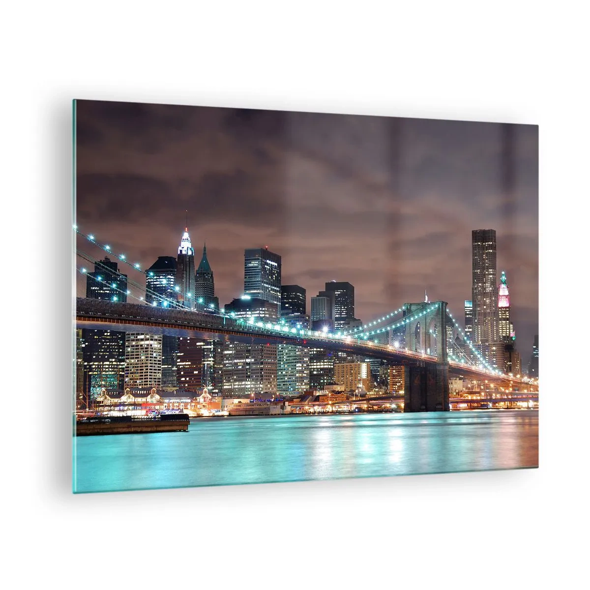 Billede på glas - Natpanorama af byen med den oplyste bro - 70x50cm - Lys i den store by - Moderne vægdekoration til stue og soveværelse ARTTOR