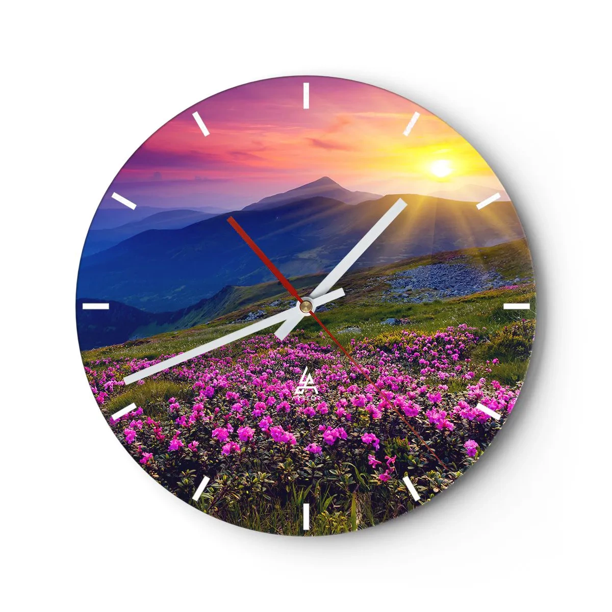Vægur, Uret - Bjerglandskab ved solnedgang med blomstrende blomster - 30x30cm - ... Og rundt omkring dufter det af fyrretræer og krydderurter - Moderne vægdekoration til stue, køkken og soveværelse ARTTOR