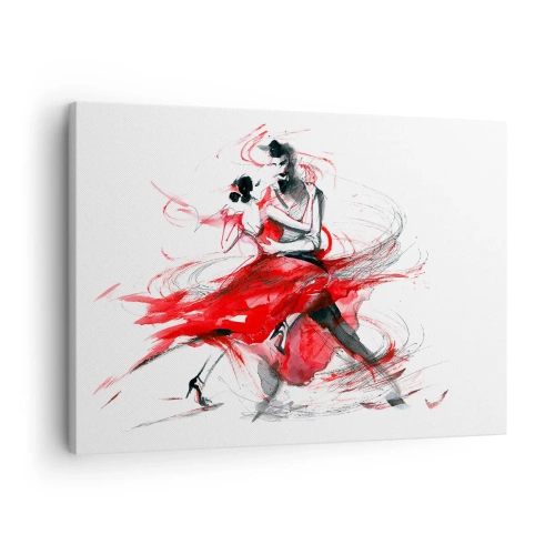 Lærredstryk - Billede på lærred - Dansere i en dynamisk dans med røde accenter - 70x50cm - Tango - passionens rytme - Moderne vægdekoration til stue og soveværelse ARTTOR