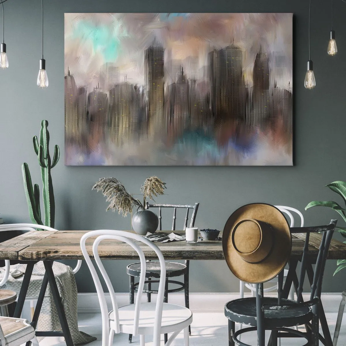 Lærredstryk - Billede på lærred - En kunstnerisk vision af et bylandskab med skyskrabere i pastelfarver. - 70x50cm - En sammensætning af stål, sten og tåge - Moderne vægdekoration til stue og soveværelse ARTTOR