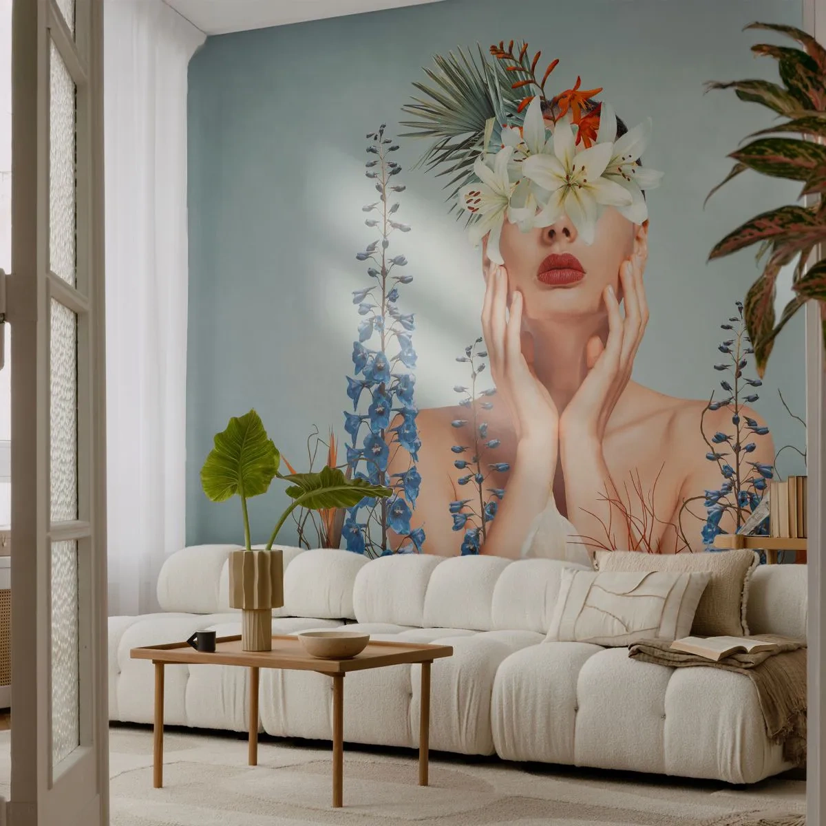 Fototapet Selvklæbende Deluxe Sticker - Kvinde blomst - Abstraktion, Kvinde, Blomster - 350x256 cm