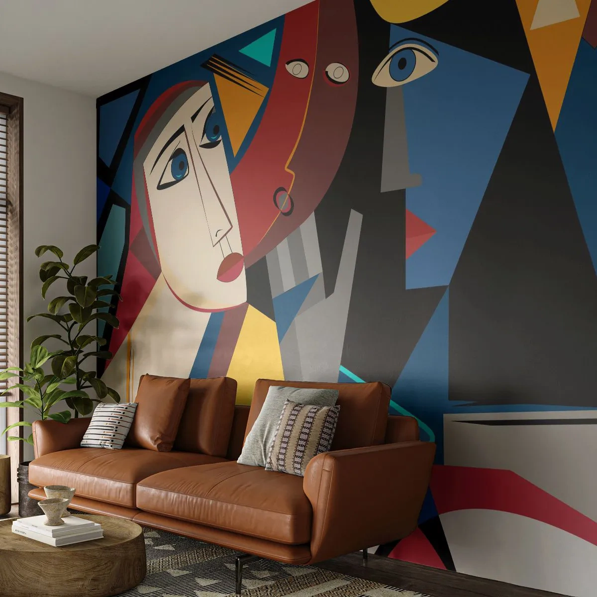 Fototapet Standard Eco - Kubistiske ansigter i samtale mod en baggrund af geometriske former - 100x70cm - Kubistisk samtale - Moderne vægdekoration til stue og soveværelse ARTTOR