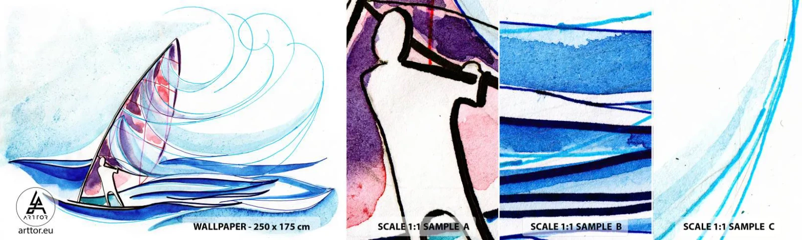 Prøve Fototapet Selvklæbende Deluxe Sticker - Med vinden i bølgernes rytme - Windsurfing, Sport, Hav - 100x30 cm