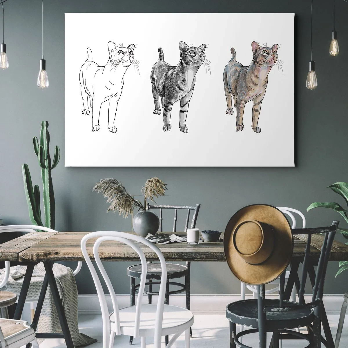 Lærredstryk - Billede på lærred - Udviklingen af en kattetegning fra skitse til farvet form - 70x50cm - Tegneundervisning - Moderne vægdekoration til stue og soveværelse ARTTOR