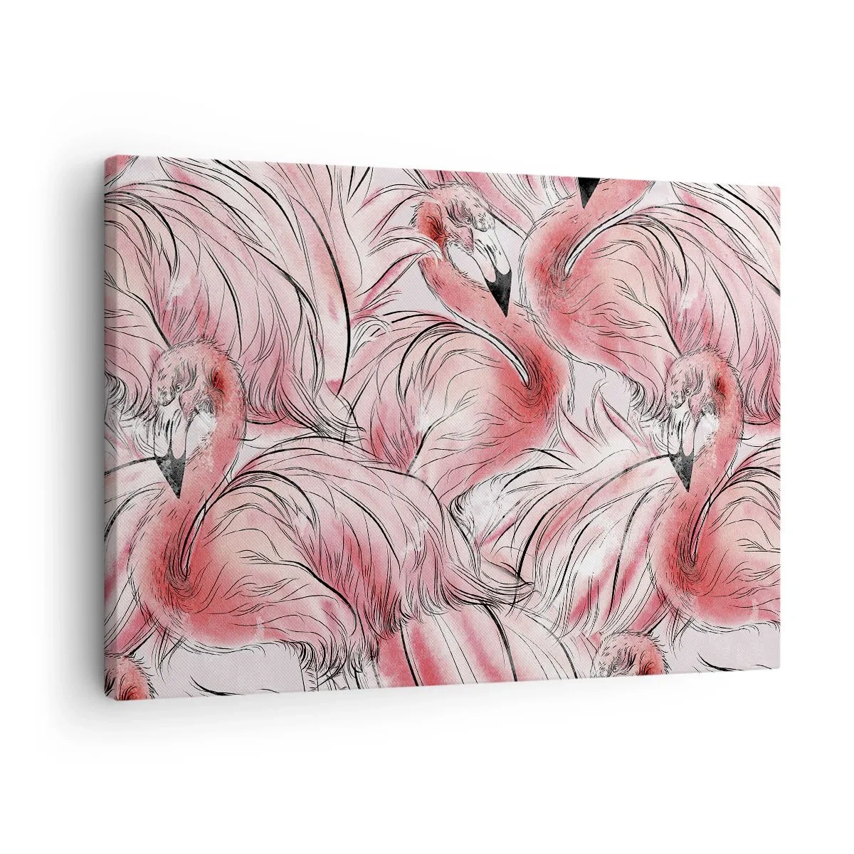 Lærredstryk - Billede på lærred - Delikate tegninger af lyserøde flamingoer - 70x50cm - Fugle corps de ballet - Moderne vægdekoration til stue og soveværelse ARTTOR