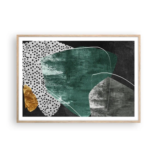 Plakat i ramme af lyst egetræ - Farverig abstraktion med en guldflager - 100x70 cm