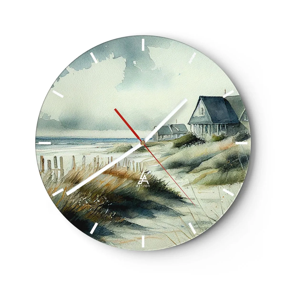 Vægur, Uret - Akvarellignende klithuse på en rolig strand - 30x30cm - Væk fra trængsel og travlhed - Moderne vægdekoration til stue, køkken og soveværelse ARTTOR