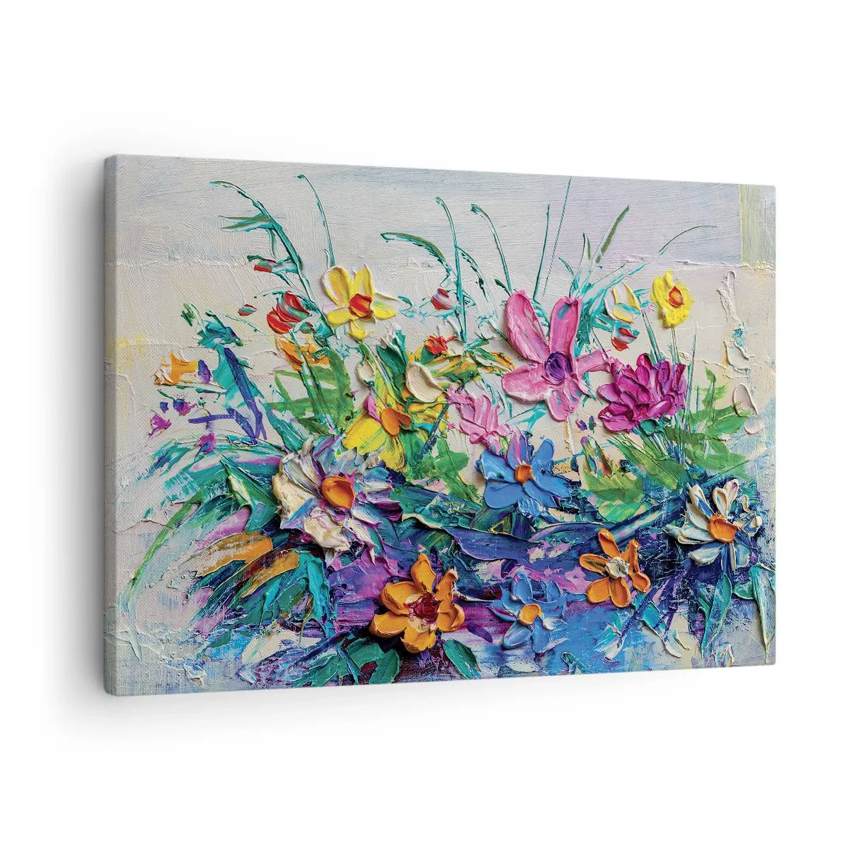 Lærredstryk - Billede på lærred - En farverig blomsterbuket malet med impasto-teknikken - 70x50cm - Overhovedet ikke et stilleben - Moderne vægdekoration til stue og soveværelse ARTTOR