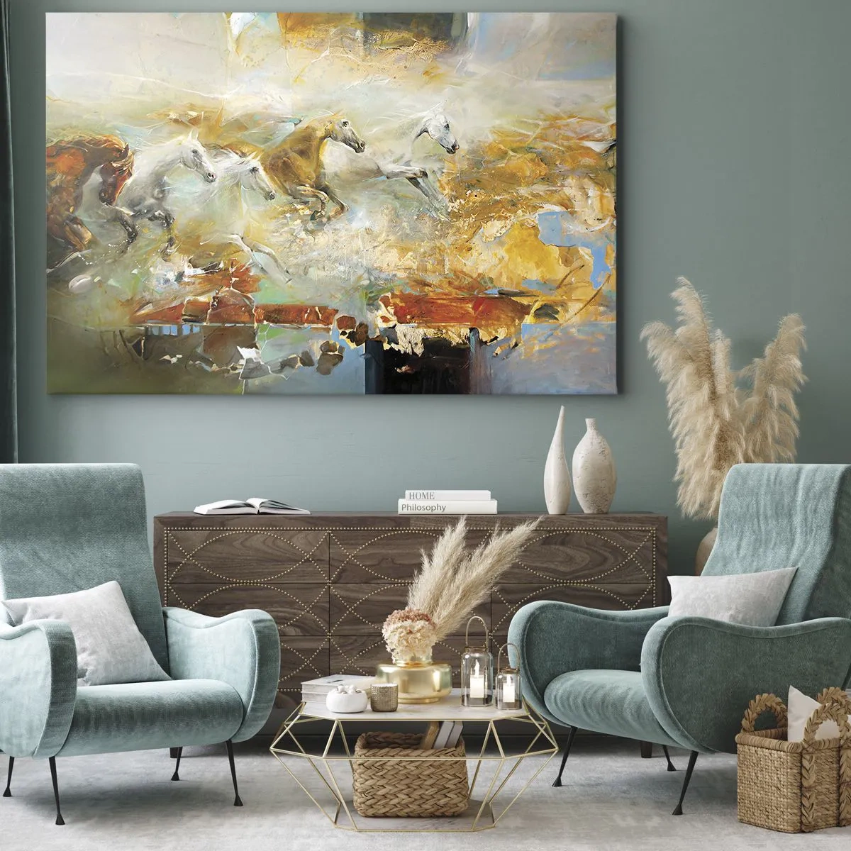 Lærredstryk - Billede på lærred - Kunstneriske heste i dynamiske og farverige omgivelser - 70x50cm - Galopperer gennem lyset - Moderne vægdekoration til stue og soveværelse ARTTOR