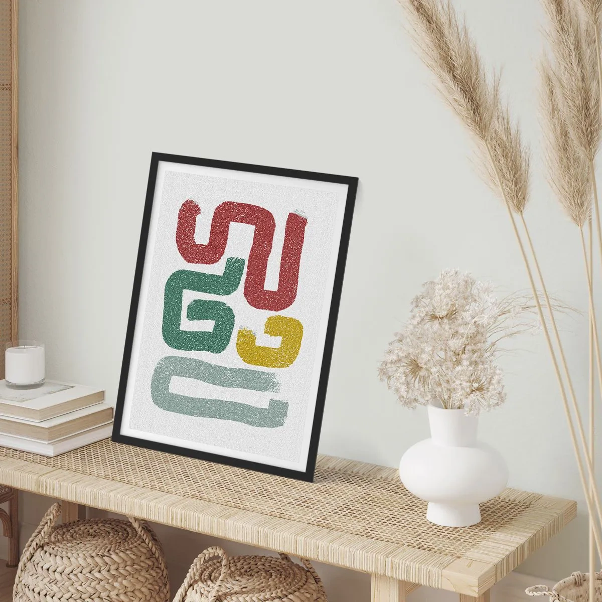 Plakat i sort ramme - Abstrakte former i jordfarver på en lys baggrund - 50x70cm - På et ukendt sprog - Moderne vægdekoration til stue og soveværelse ARTTOR