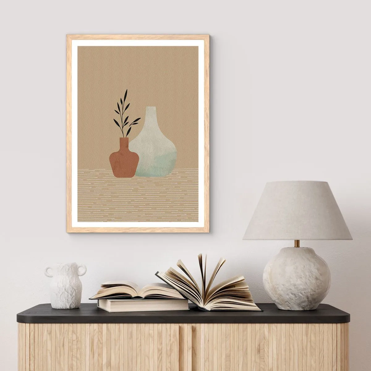 Plakat i ramme af lyst egetræ - Vase og dens idé - 50x70 cm