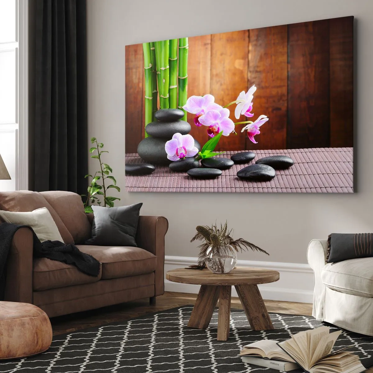 Lærredstryk - Billede på lærred - Zen-stil bambus, sten og lyserøde orkideer på en træbaggrund - 70x50cm - Oplev Østens fornøjelser - Moderne vægdekoration til stue og soveværelse ARTTOR
