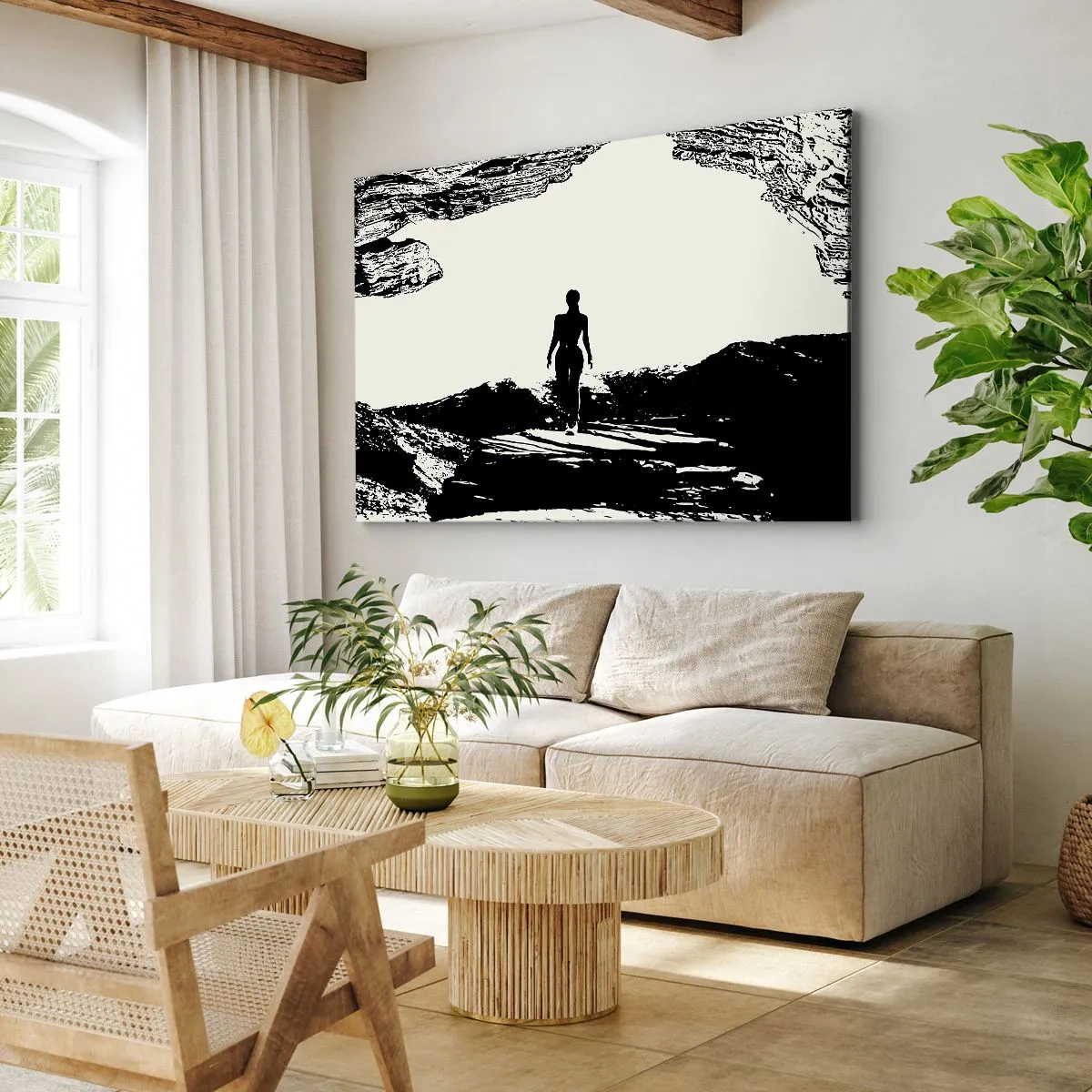 Lærredstryk - Billede på lærred - Sort og hvid silhuet af en kvinde i en hule mod himlen - 70x50cm - Et nyt udseende - Moderne vægdekoration til stue og soveværelse ARTTOR