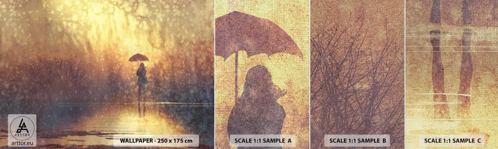 Prøve Fototapet Premium Canvas - Jeg føler, at der er nogen, der kigger på mig - Abstraktion, Kvinde, Gå i regnen - 100x30 cm