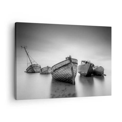 Lærredstryk - Billede på lærred - Forladte både på roligt vand - 70x50cm - Nu er det bare minder... - Moderne vægdekoration til stue og soveværelse ARTTOR