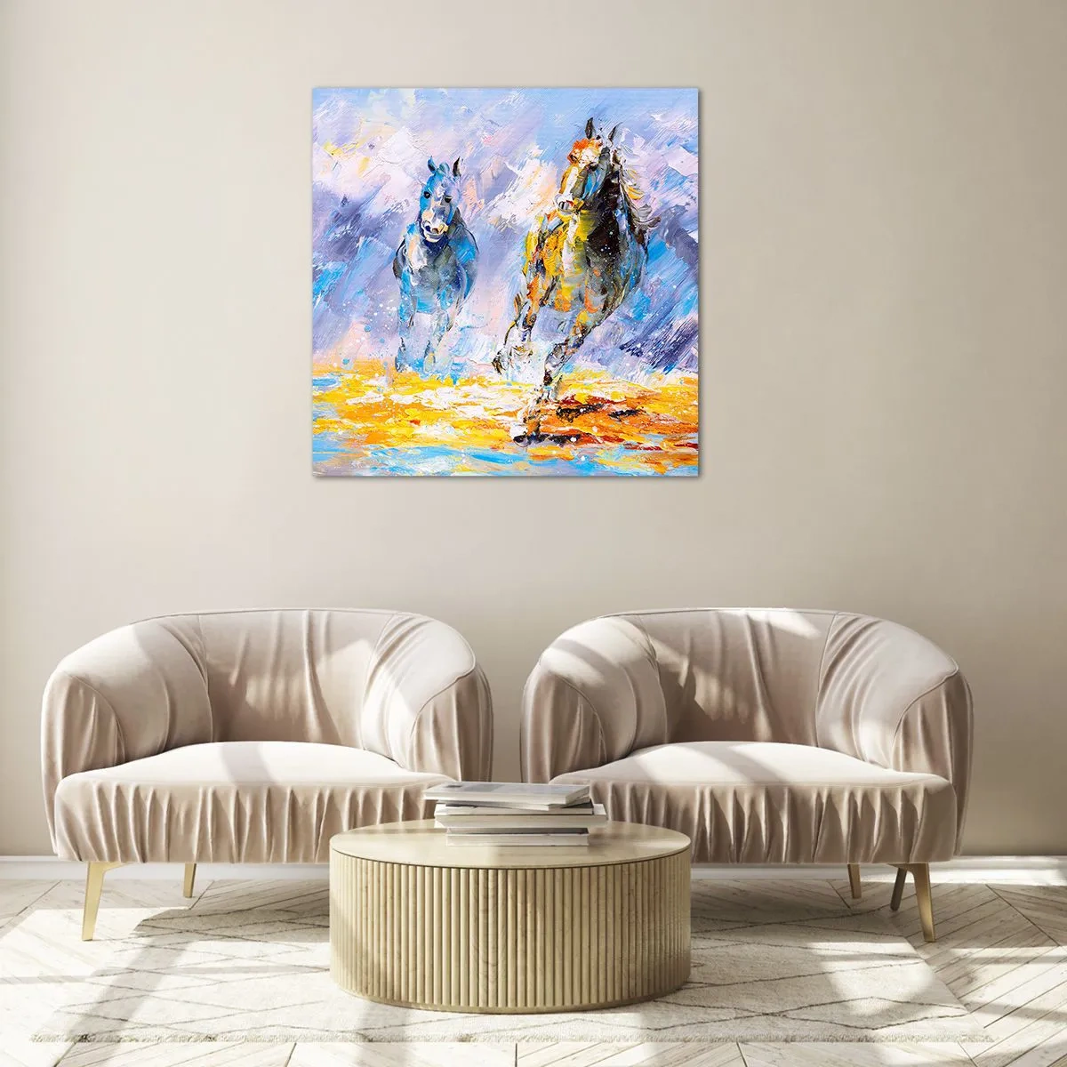 Billede på glas - Galopperer gennem det blanke skær - 70x70 cm
