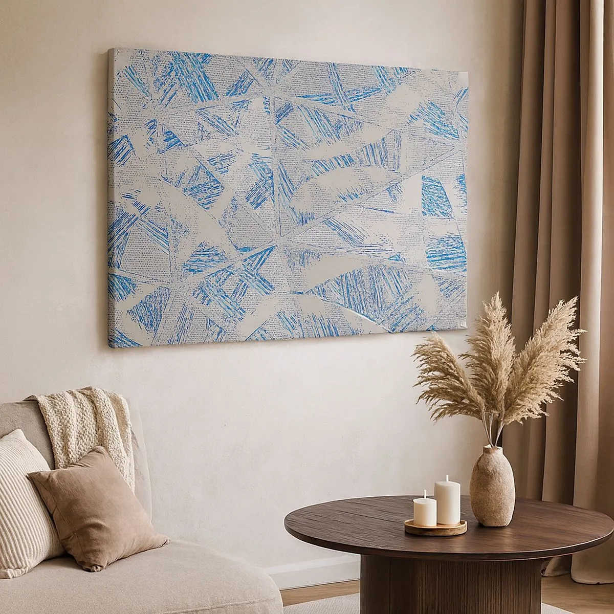 Lærredstryk - Billede på lærred - Geometriske mønstre i blå og grå nuancer - 70x50cm - I en gråblå labyrint - Moderne vægdekoration til stue og soveværelse ARTTOR