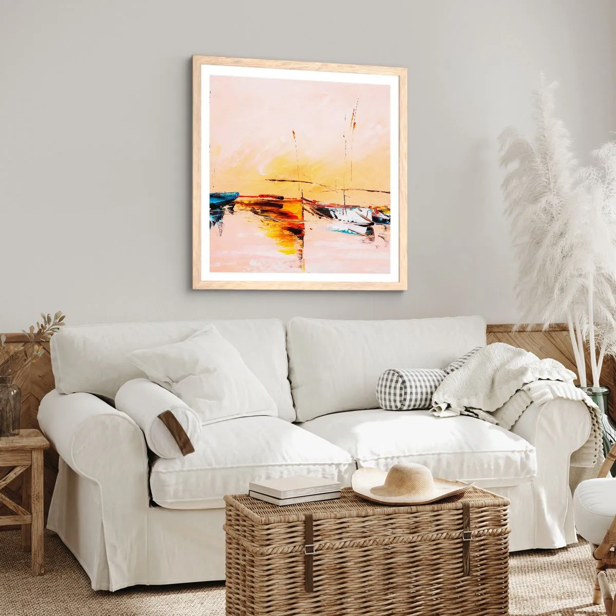 Plakat i ramme af lyst egetræ - En aften i havnen - 60x60 cm