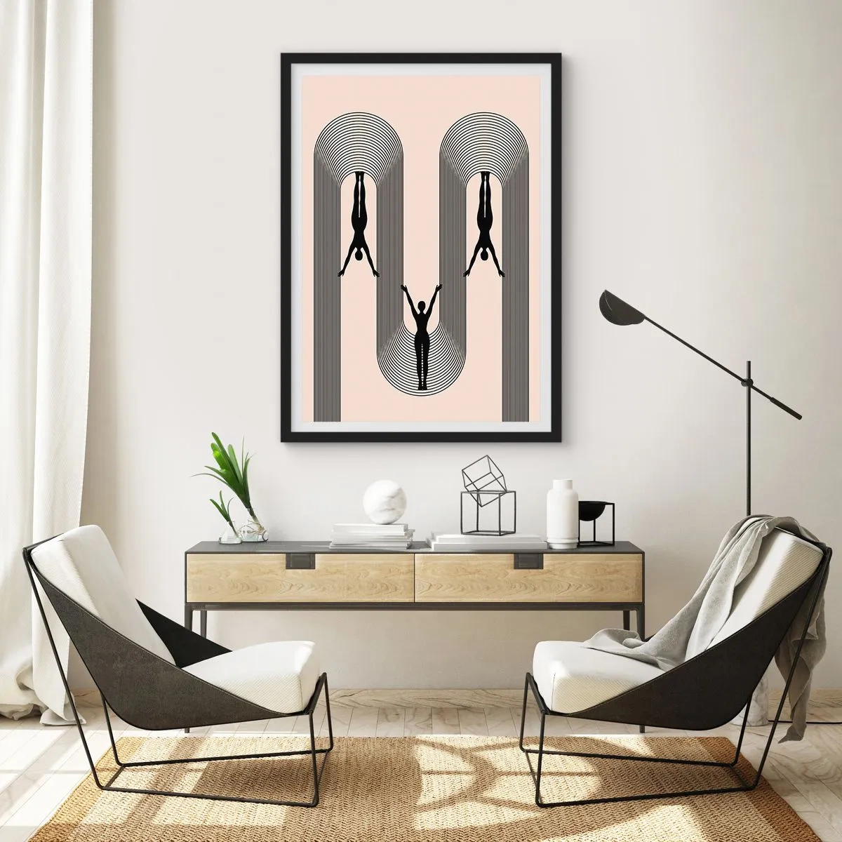 Plakat i sort ramme - Minimalistiske silhuetter i en geometrisk komposition - 50x70cm - På hovedet nedad - Moderne vægdekoration til stue og soveværelse ARTTOR