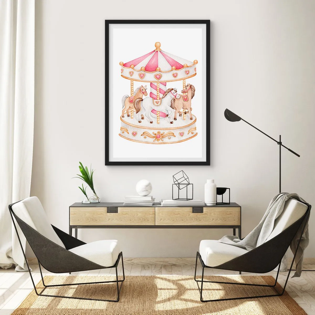 Plakat i sort ramme - Akvarelkarrusel i pastelfarver af lyserød - 50x70cm - Barndommens søde verden - Moderne vægdekoration til stue og soveværelse ARTTOR