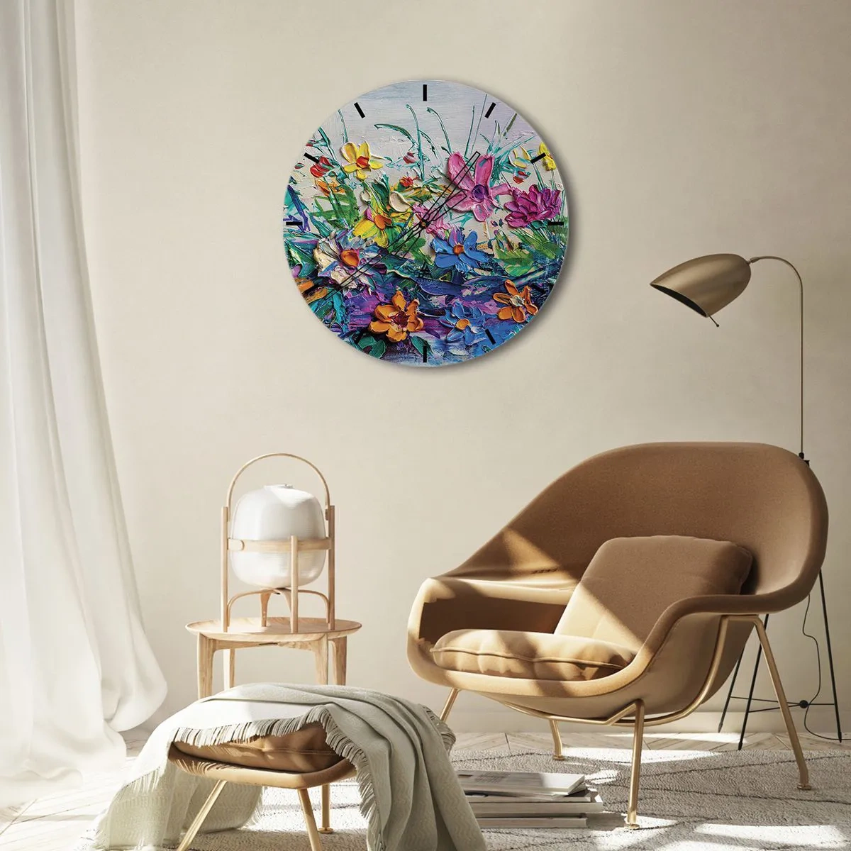 Vægur, Uret - Et farverigt blomsterlandskab i impasto-teknik - 30x30cm - Overhovedet ikke et stilleben - Moderne vægdekoration til stue, køkken og soveværelse ARTTOR