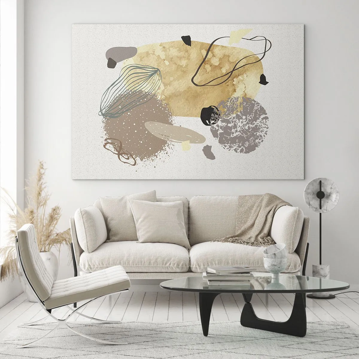 Billede på glas - Beige og brun abstraktion med uregelmæssige former - 70x50cm - Anvendt plumkologi - Moderne vægdekoration til stue og soveværelse ARTTOR