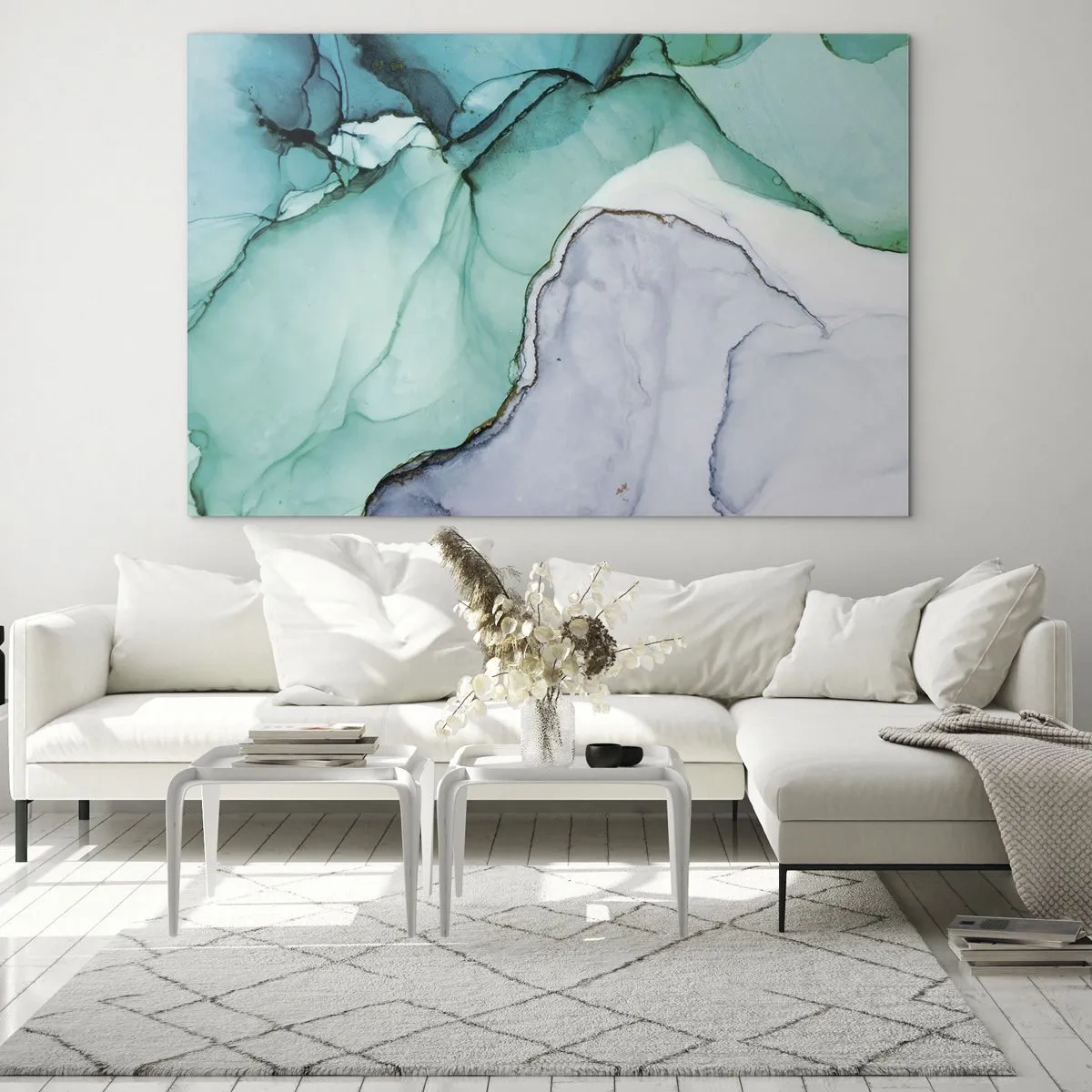 Billede på glas - Et abstrakt maleri i nuancer af turkis og hvid med fine revner. - 70x50cm - Undersøgelse i turkis - Moderne vægdekoration til stue og soveværelse ARTTOR