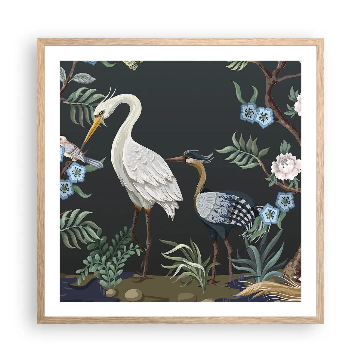 Plakat i ramme af lyst egetræ - Fugleparade - 60x60 cm