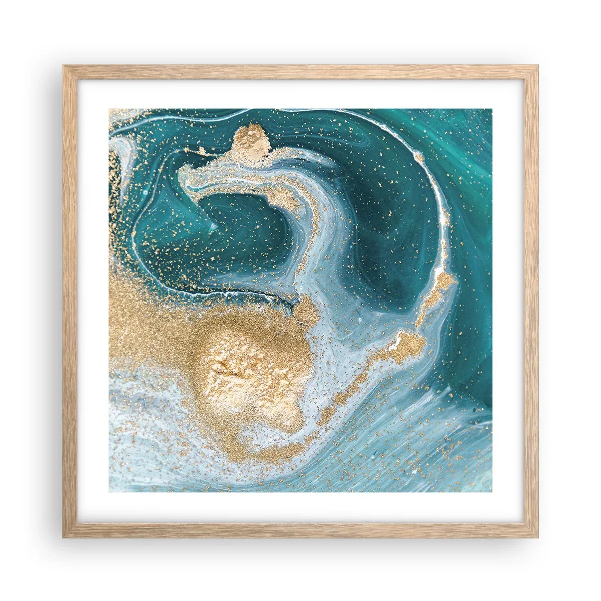 Plakat i ramme af lyst egetræ - En hvirvel af guld og turkis - 50x50 cm