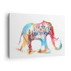 Lærredstryk - Billede på lærred - Farverigt akvarelmaleri af en elefant med et Taj Mahal-motiv - 70x50cm - Indien - kærlighedens aura - Moderne vægdekoration til stue og soveværelse ARTTOR