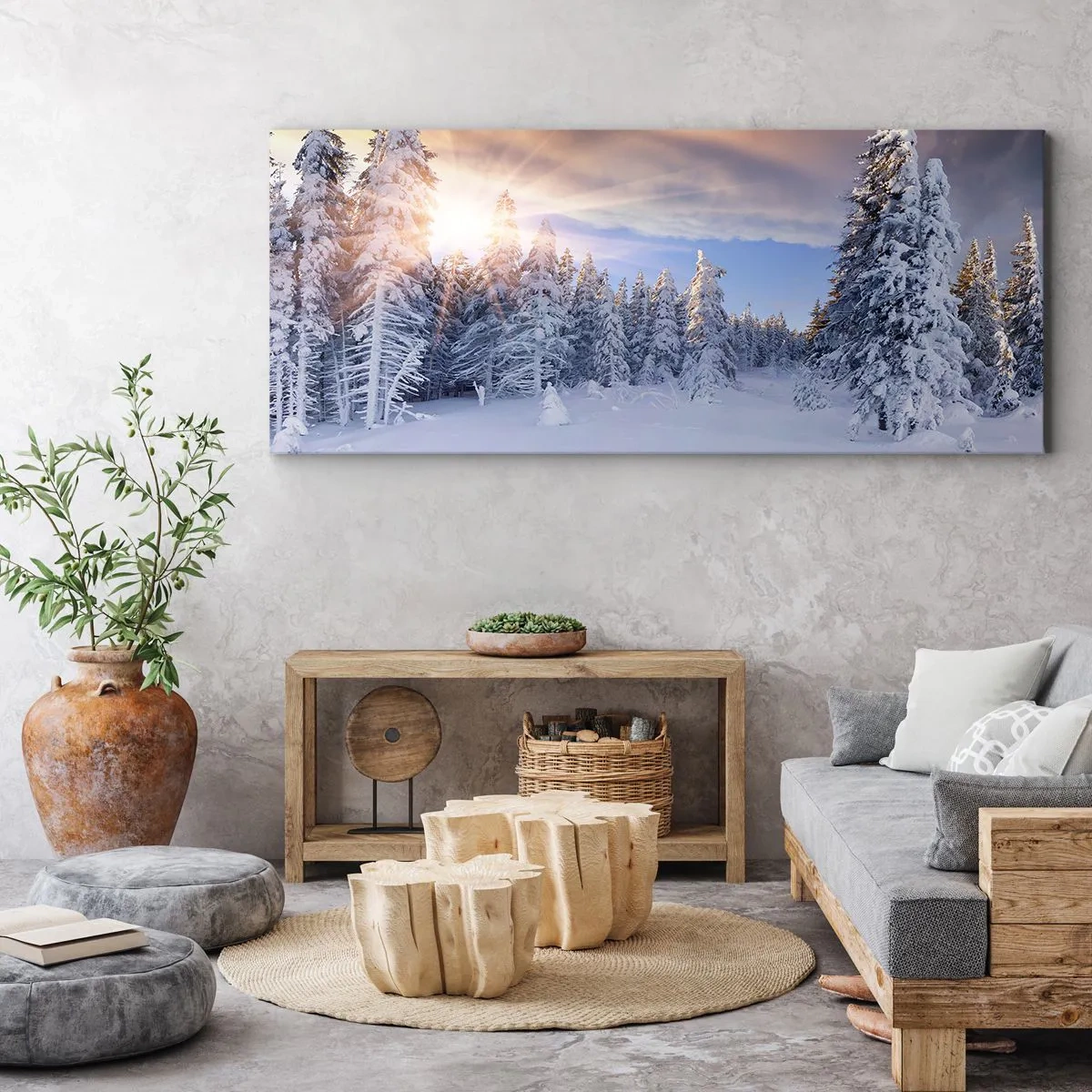 Lærredstryk - Billede på lærred - Et snedækket naturspektakel - 90x30 cm