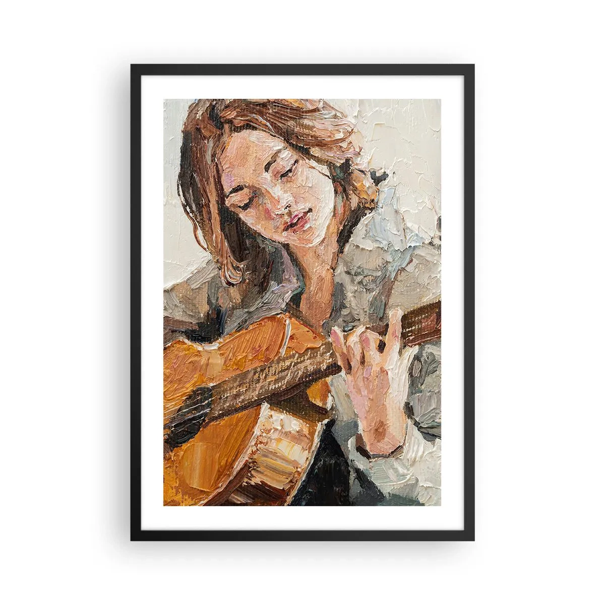 Plakat i sort ramme - Portræt af en kvinde, der spiller guitar i impasto-stil - 50x70cm - Koncert for guitar og et pigehjerte - Moderne vægdekoration til stue og soveværelse ARTTOR
