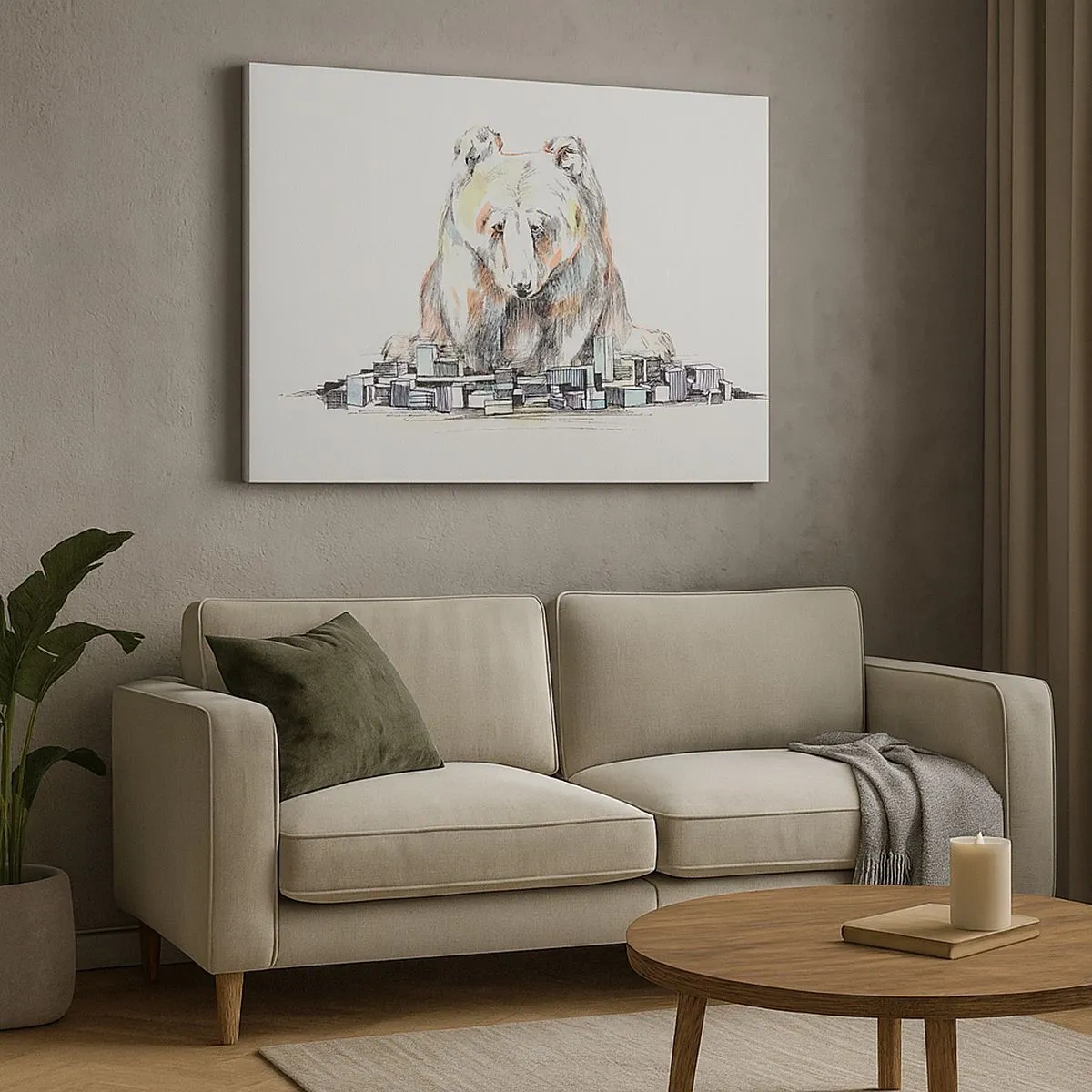 Lærredstryk - Billede på lærred - Illustration af en bjørn med farverige detaljer og klodser - 70x50cm - Hvordan kan man leve på den måde? - Moderne vægdekoration til stue og soveværelse ARTTOR