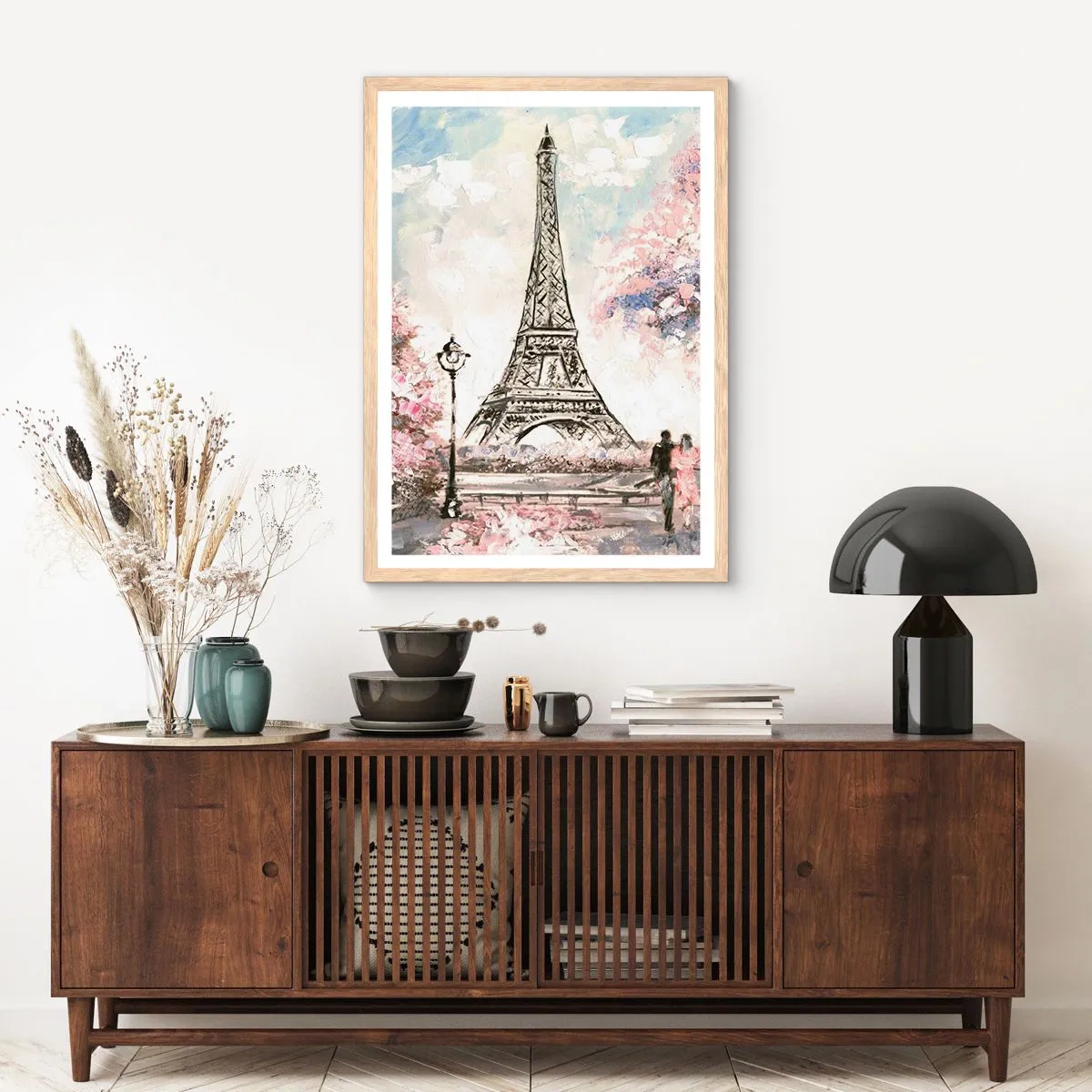 Plakat i ramme af lyst egetræ - April gåtur rundt i Paris - 61x91 cm