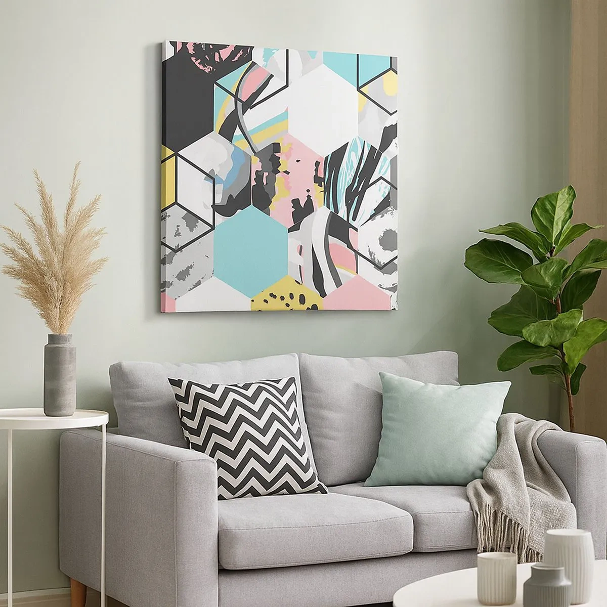 Lærredstryk - Billede på lærred - Sekskanter og terninger i seks farver - 30x30 cm