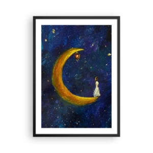 Plakat i sort ramme - En figur på en gylden måne mod en nattehimmel med stjerner - 50x70cm - Kald på verden - Moderne vægdekoration til stue og soveværelse ARTTOR