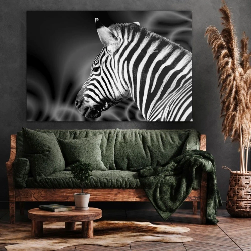 Lærredstryk - Billede på lærred - Sort-hvidt portræt af en zebra mod en baggrund af abstrakte mønstre. - 70x50cm - Hvid er hvid og sort er sort - Moderne vægdekoration til stue og soveværelse ARTTOR