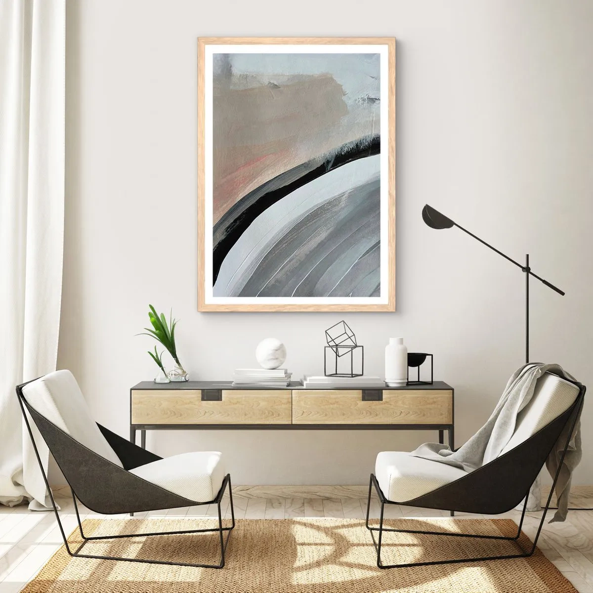 Plakat i ramme af lyst egetræ - Komposition: en bue af sort og gråt - 70x100 cm