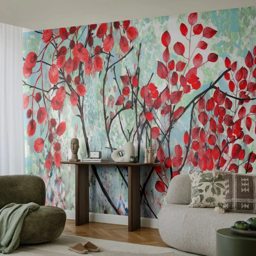 Fototapet Premium Canvas - Træ i skarlagenrødt - Abstraktion, Røde Blade, Afdeling - 500x350 cm