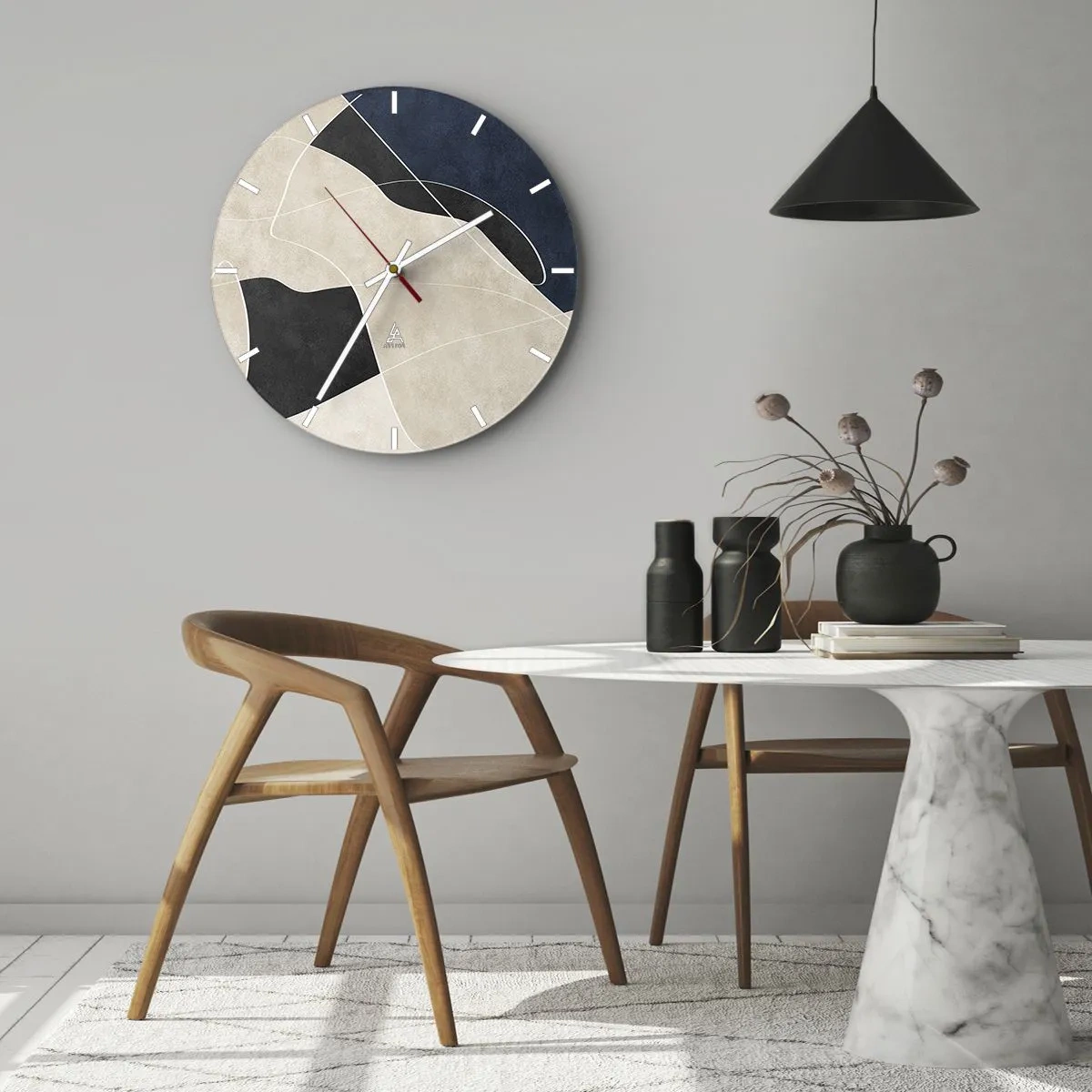Vægur, Uret - Minimalistiske former i beige, sort og marineblå med en hvid linje - 30x30cm - Abstrakt komposition - kontrast af farver - Moderne vægdekoration til stue, køkken og soveværelse ARTTOR